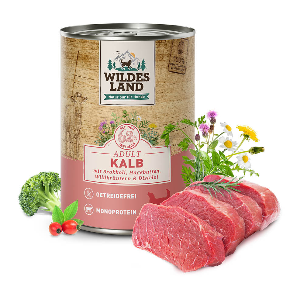 Wildes Land Classic Adult
Kalb mit Brokkoli, Hagebutte, Wildkräutern und Distelöl Dose 400 g