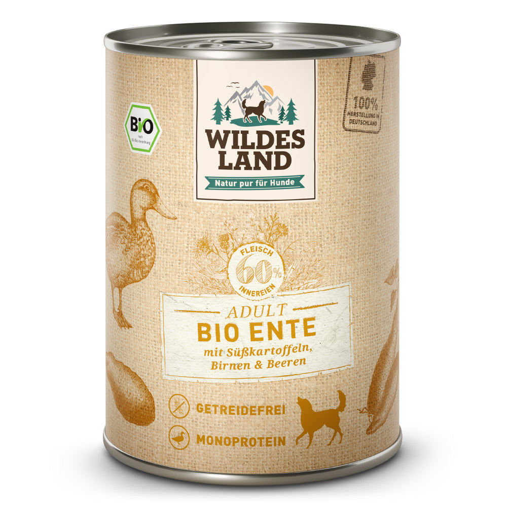 Wildes Land BIO Adult
Ente mit Süßkartoffeln, Birnen & Beeren Dose 400 g