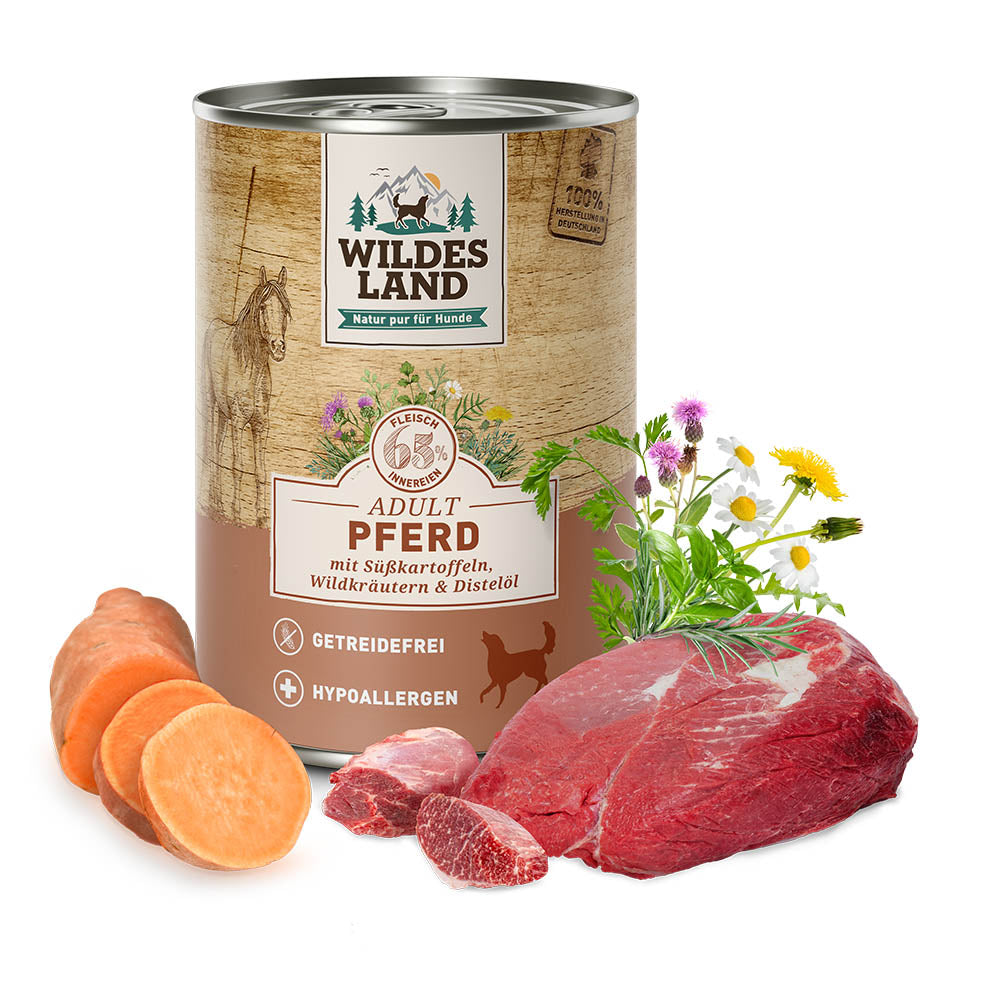 Wildes Land Classic Adult
Pferd mit Süßkartoffeln, Wildkräutern und Distelöl Dose 400 g