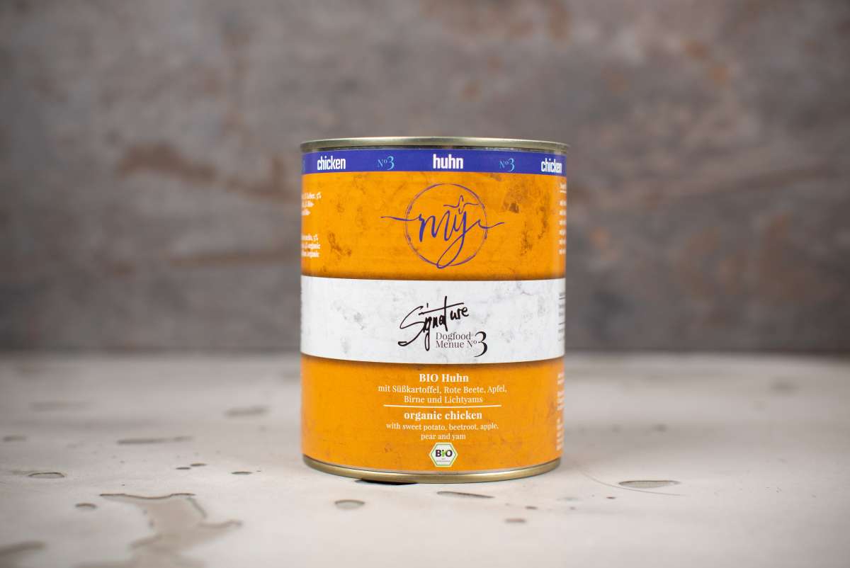 Dose Bio-Huhn. Süßkartoffel. Rote Beete. Apfel. Birne. Lichtyams 820g
