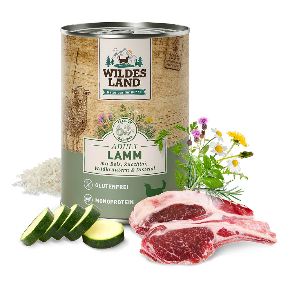 Wildes Land Classic Adult
Lamm mit Reis, Zucchini, Wildkräutern und Distelöl Dose 400 g