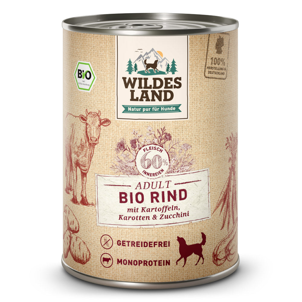 Wildes Land BIO Adult
Rind mit Kartoffeln, Karotten & Zucchini Dose 400 g