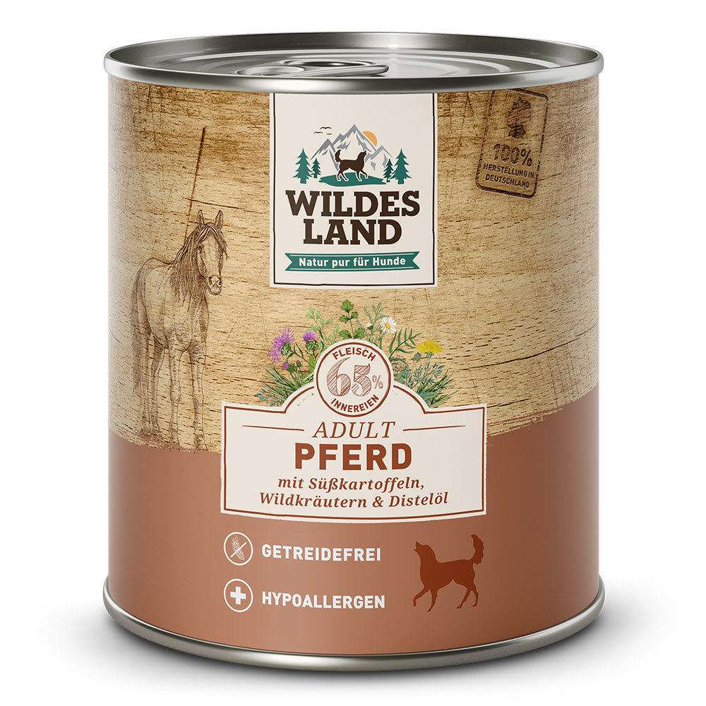 Wildes Land Classic Adult
Pferd mit Süßkartoffeln, Wildkräutern und Distelöl Dose 800 g
