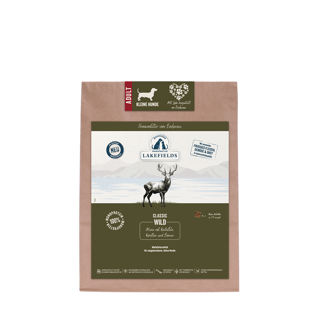 TROCKENFUTTER-MENÜ WILD für kleine Hunde
Wild mit Karotten, Birnen und Heidelbeeren - Lakefields