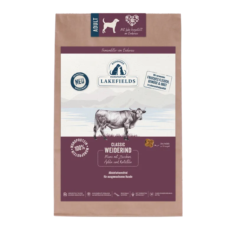 TROCKENFUTTER-MENÜ RIND 2,5kg
Weiderind mit Zucchini, Äpfeln und Karotten
Für ausgewachsene Hunde (Adult)