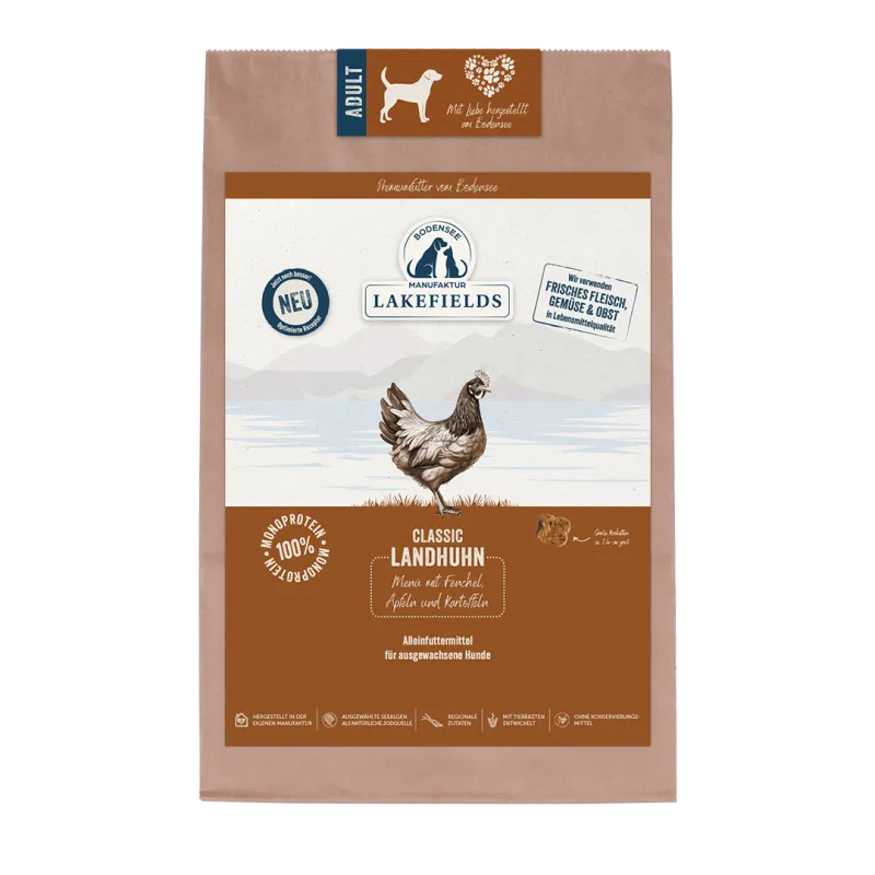 TROCKENFUTTER-MENÜ HUHN 2,5kg
Landhuhn mit Heidelbeeren, Seealgen und Karotten
Für ausgewachsene Hunde (Adult)