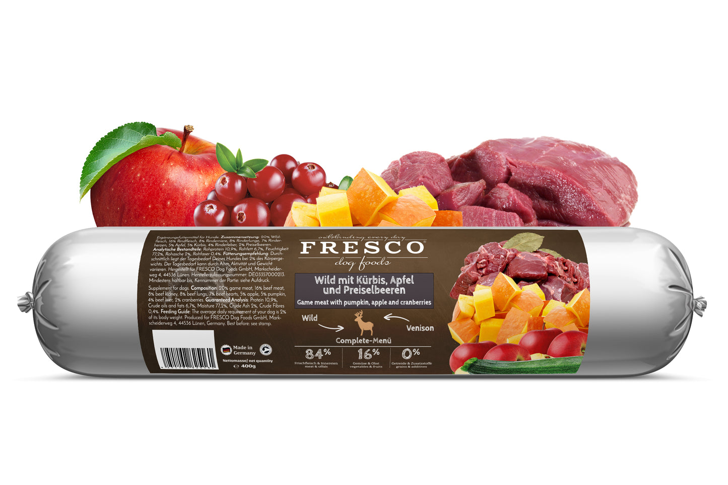 Die BARF Wurst Complete Menü Wild mit Kürbis, Apfel und Preiselbeeren 400g