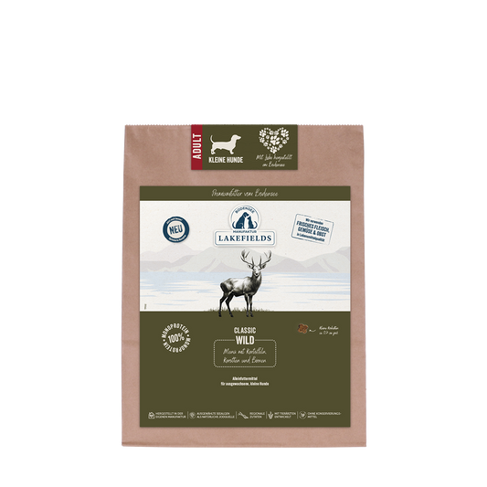 TROCKENFUTTER-MENÜ WILD für kleine Hunde
Wild mit Karotten, Birnen und Heidelbeeren - Lakefields
