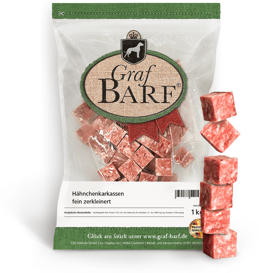 Hähnchenkarkassen, fein zerkleinert 1000g in Würfel - Graf Barf