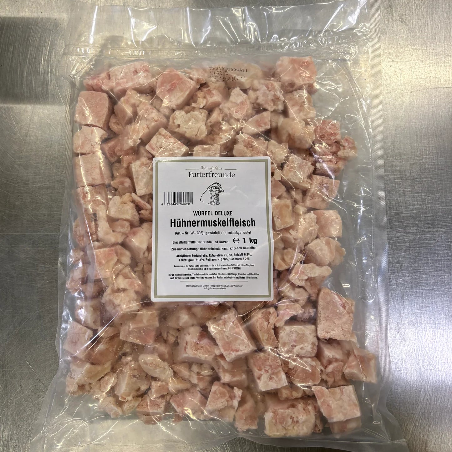 Hühnermuskelfleisch Würfel, roh 1000g Manufaktur Futterfreunde