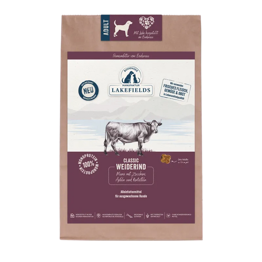 TROCKENFUTTER-MENÜ RIND 2,5kg
Weiderind mit Zucchini, Äpfeln und Karotten
Für ausgewachsene Hunde (Adult)