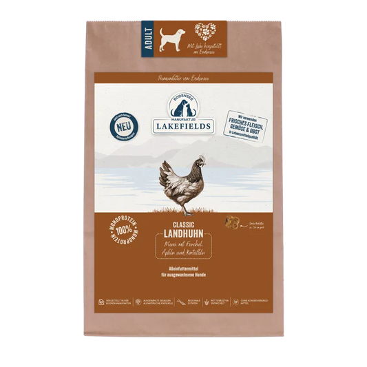 TROCKENFUTTER-MENÜ HUHN 2,5kg
Landhuhn mit Heidelbeeren, Seealgen und Karotten
Für ausgewachsene Hunde (Adult)