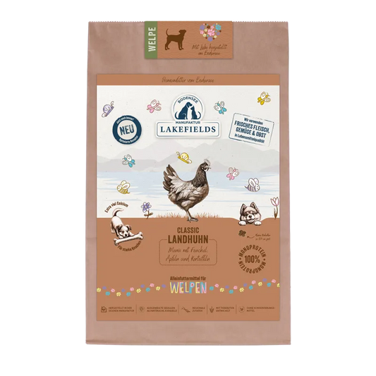 TROCKENFUTTER-MENÜ HUHN 2,5kg
Landhuhn mit Fenchel, Äpfeln und Kartoffeln
Für Welpen