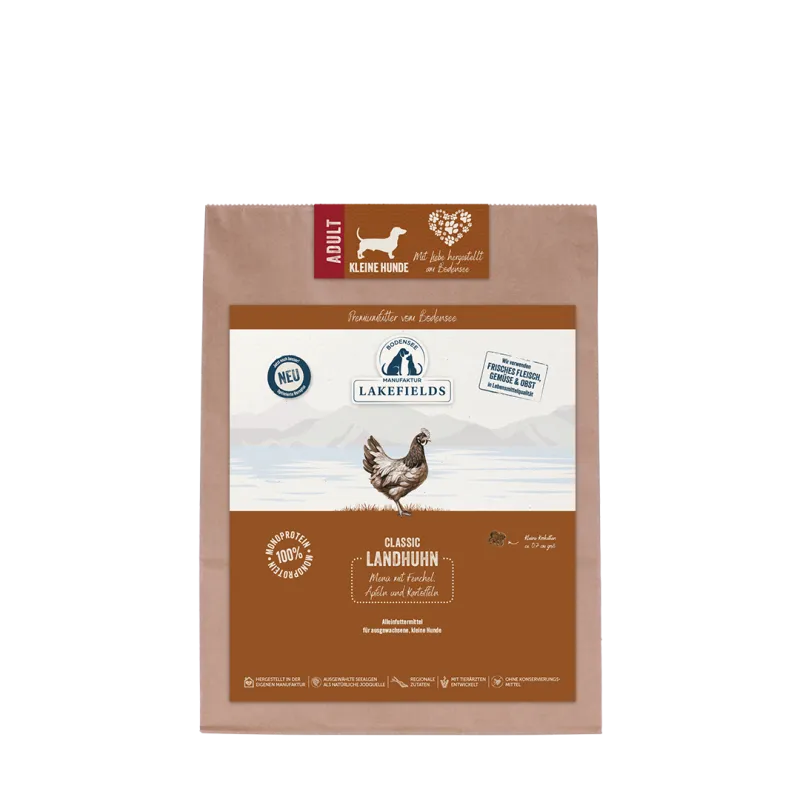 TROCKENFUTTER-MENÜ HUHN 1kg
Landhuhn mit Heidelbeeren, Seealgen und Karotten
Für ausgewachsene, kleine Hunde (Adult)