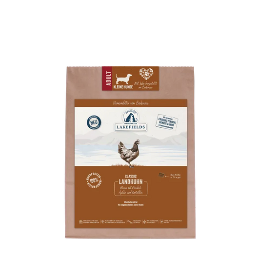 TROCKENFUTTER-MENÜ HUHN 1kg
Landhuhn mit Heidelbeeren, Seealgen und Karotten
Für ausgewachsene, kleine Hunde (Adult)