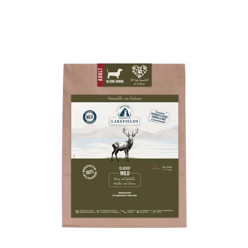 TROCKENFUTTER-MENÜ WILD 1kg
Wild mit Karotten, Birnen und Heidelbeeren
Für ausgewachsene, kleine Hunde (Adult)