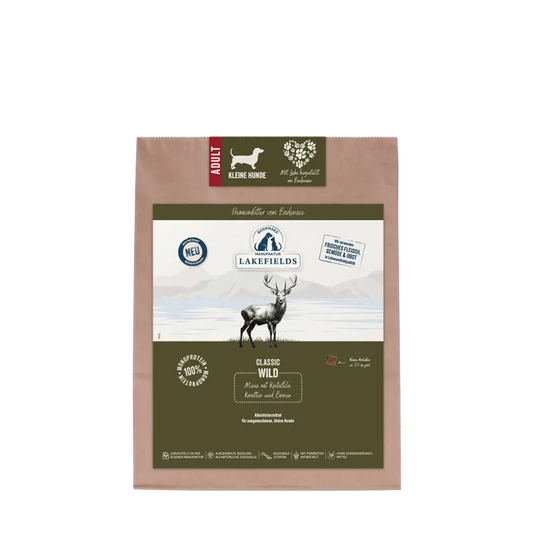 TROCKENFUTTER-MENÜ WILD 1kg
Wild mit Karotten, Birnen und Heidelbeeren
Für ausgewachsene, kleine Hunde (Adult)